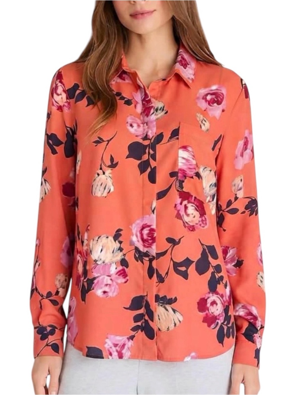 Apt 9 Floral Blouse Small Roll Tab Long Sleeves Button Up NWT
